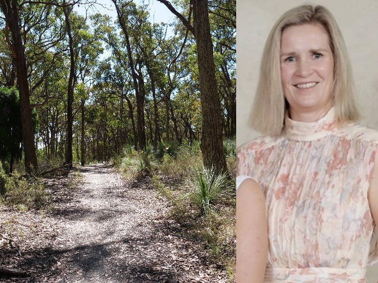A composite of a  tree-lined dirt track extending away into the bush, and a thin smiling woman with blonde hair.