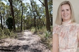 A composite of a  tree-lined dirt track extending away into the bush, and a thin smiling woman with blonde hair.