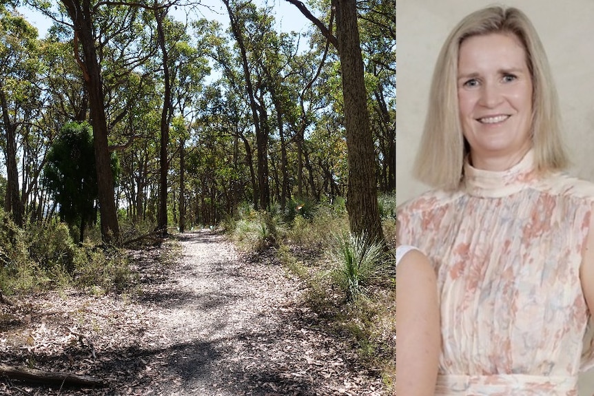 A composite of a  tree-lined dirt track extending away into the bush, and a thin smiling woman with blonde hair.