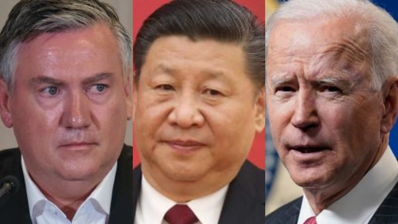 Composite image of Eddie McGuire, Xi Jinping and Joe Biden