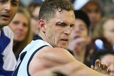 Joel Selwood and Brent Harvey clash at the MCG