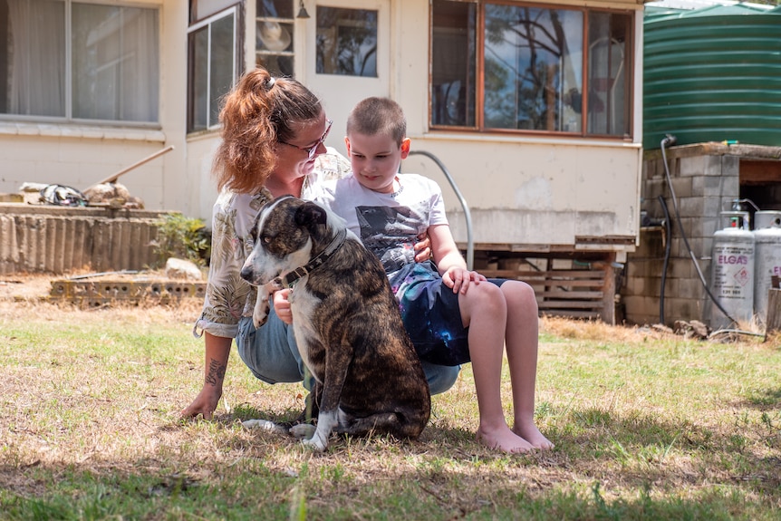 A woman, a boy and a dog in a backyard.