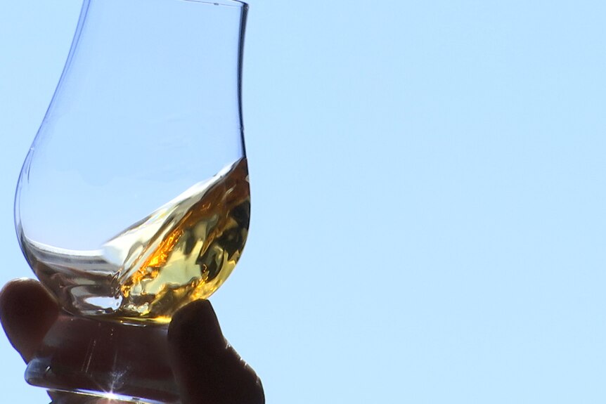 A hand holds a glass of whisky up to the light.