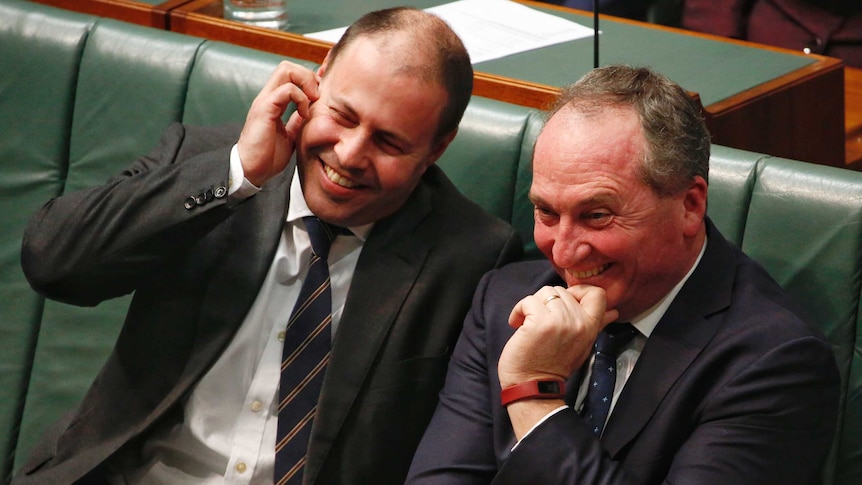 Barnaby Joyce & Josh Frydenberg laughing in Question Time