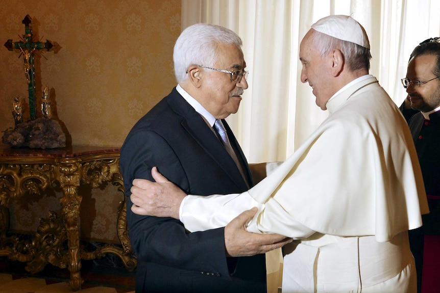 Pope Francis meets Palestinian president Mahmoud Abbas at the Vatican.