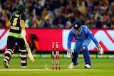 Australia's Aaron Finch is run out by Ravendrainh Jadeja in the T20 international against India.