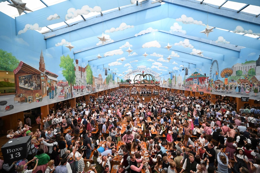 A packed beer hall at Munich's Oktoberfest event in 2019.