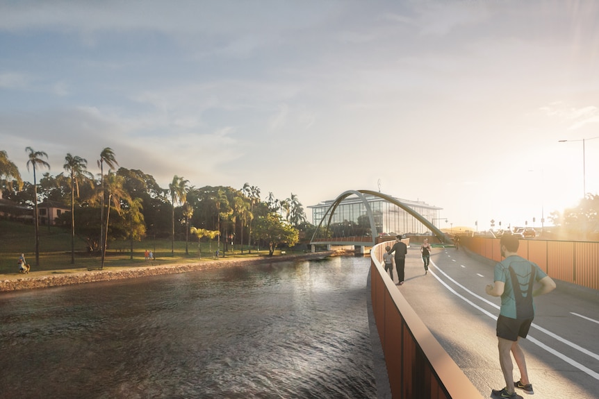 A concept image showing people jogging toward a proposed Breakfast Creek green bridge