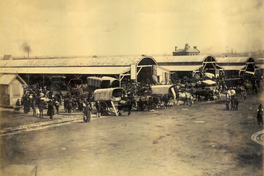 A historical photo of crowds of people and horses at the South Melbourne Market.