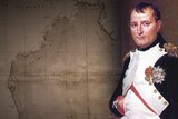 An oil painting of Napoleon overlaid over an old nautical map of Australia.