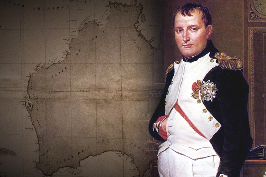An oil painting of Napoleon overlaid over an old nautical map of Australia.