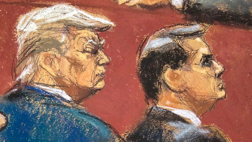 A drawing of Donald Trump seated next to his lawyer against a red-brown background.