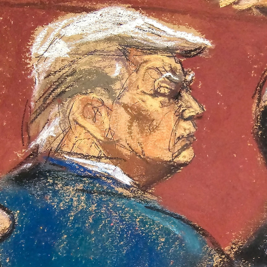 A drawing of Donald Trump seated next to his lawyer against a red-brown background.