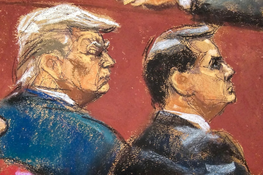 A drawing of Donald Trump seated next to his lawyer against a red-brown background.