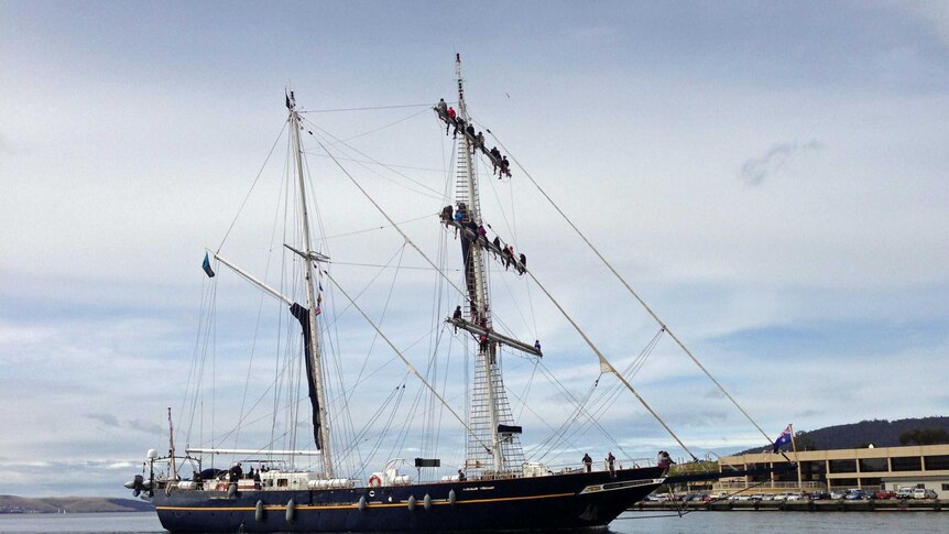 The Young Endeavour arrives in Hobart for a five-day tall ship festival.