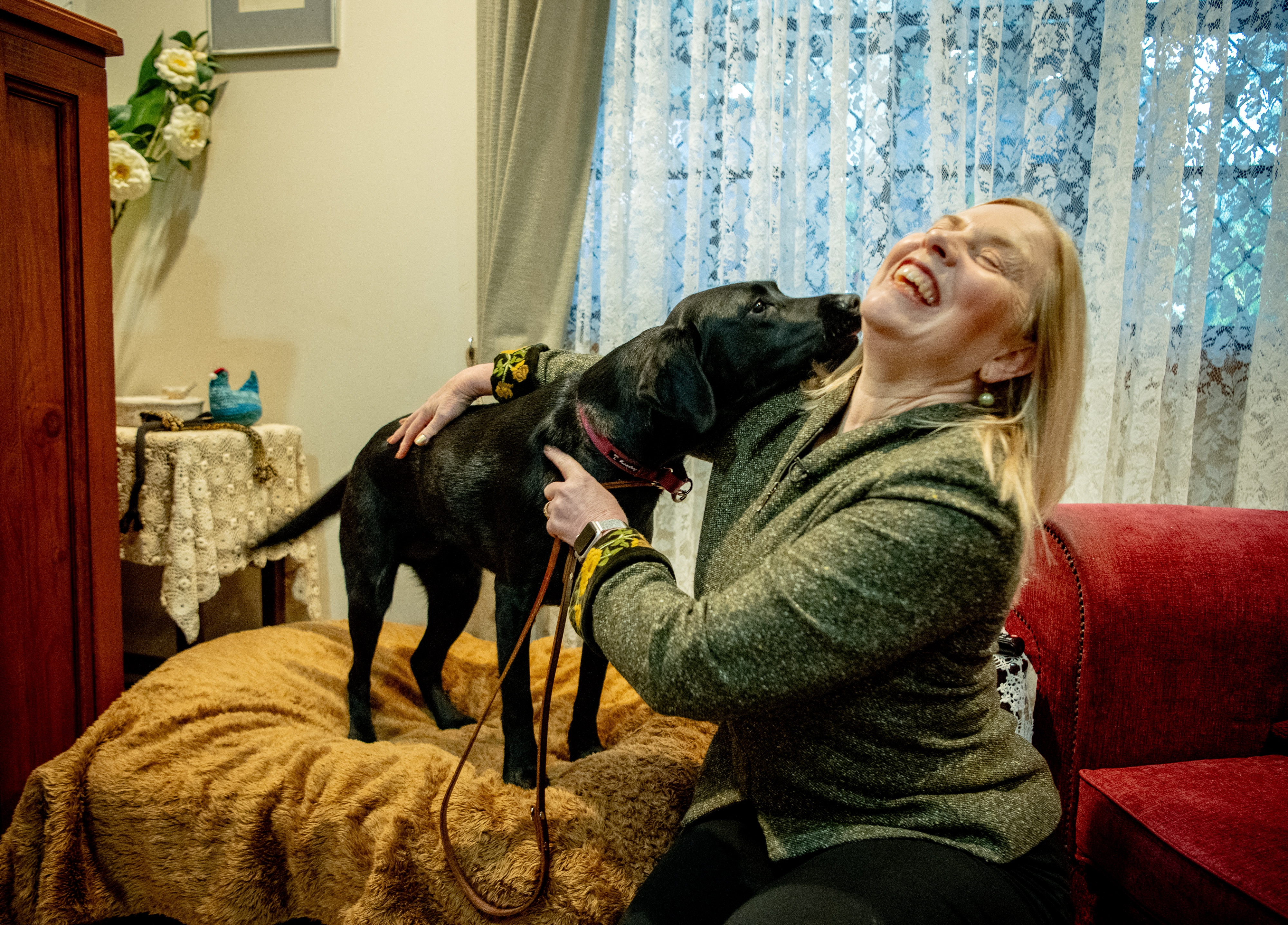 Ava the dog is standing attentively on a rug and sniffing Donna's head, while Donna hugs Ava and laughs. 
