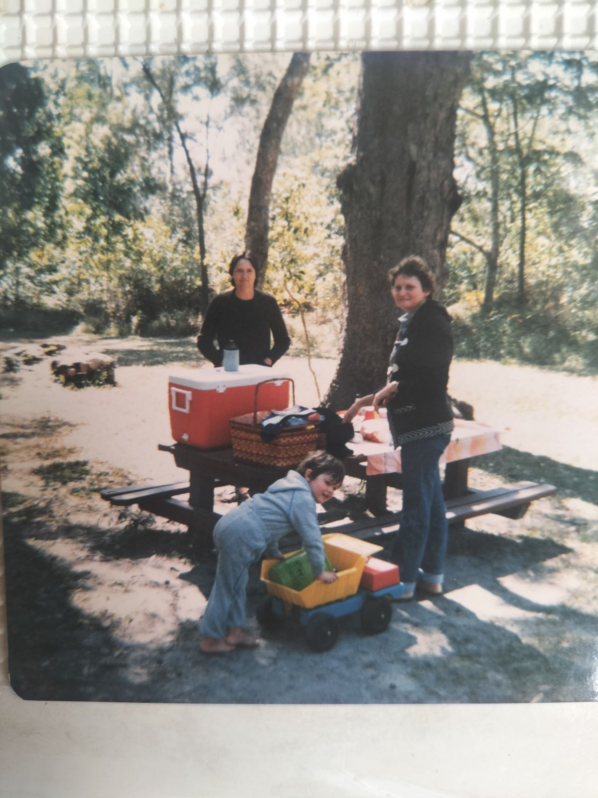 An old photo of a family picnic with a small child and parents.