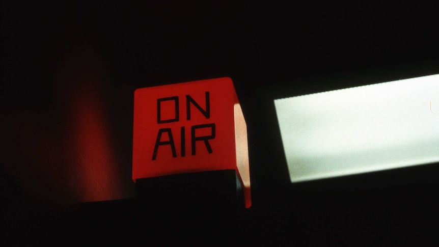 Studio light lit up as AM is broadcast from the ABC in Sydney.