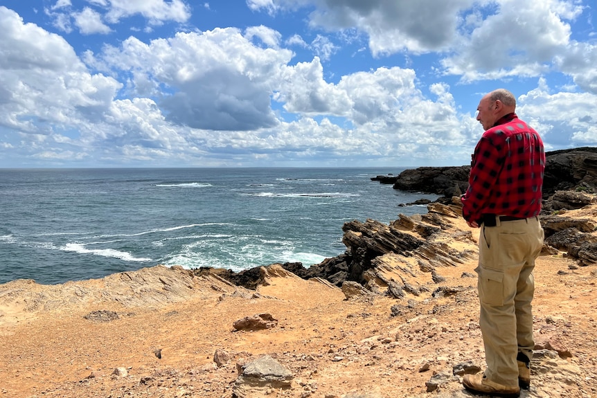 A man stands next to an ocean cliff.