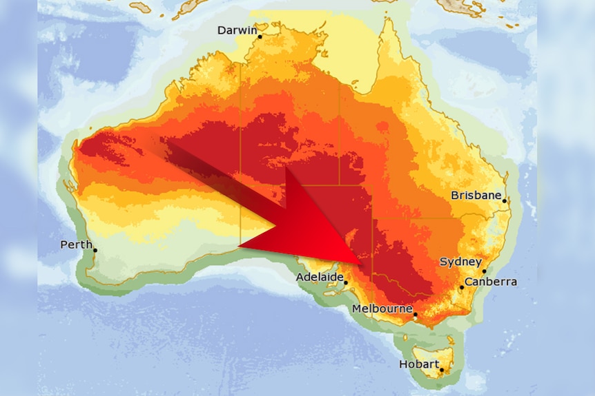 A map showing hot air extending from WA's north into South Australia and Victoria.
