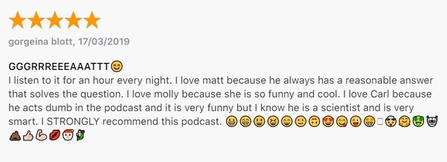 Screenshot review from a listener praising podcast and using lots of different emojis.