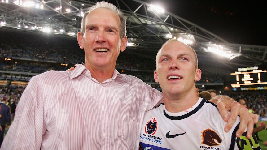 Wayne Bennett and Darren Lockyer celebrate after winning the 2006 NRL Grand Final.