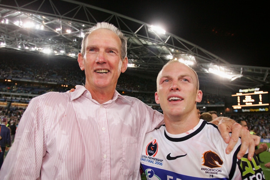 Wayne Bennett and Darren Lockyer celebrate after winning the 2006 NRL Grand Final.