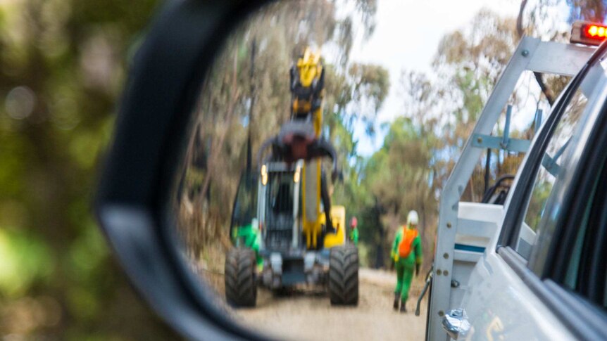 A mirror image of  Forest Fire Management crews working along the roads