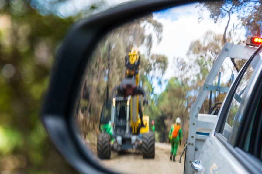 A mirror image of  Forest Fire Management crews working along the roads