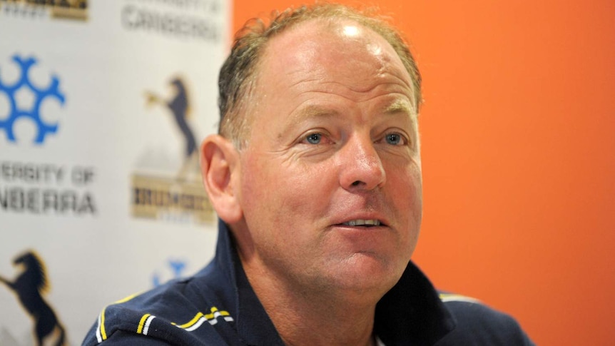 ACT Brumbies coach Jake White speaking during a press conference in Canberra.