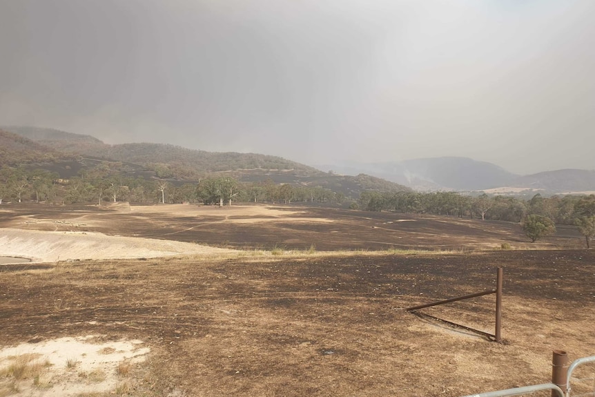 Blacked paddocks in the foreground against a smoky skyline.