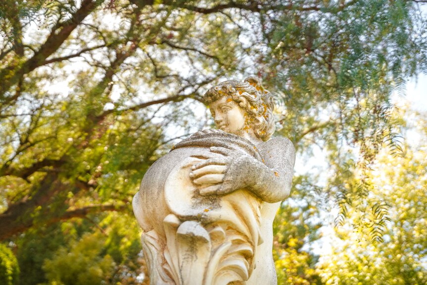 An old water fountain monument of a woman under a leafy pepper tree. 