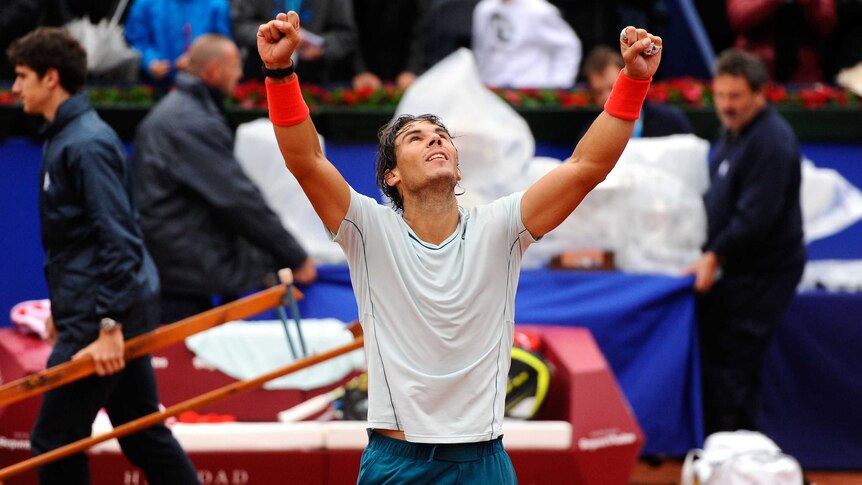 Spain's Rafael Nadal celebrates after winning the Barcelona Open final for the eighth time.