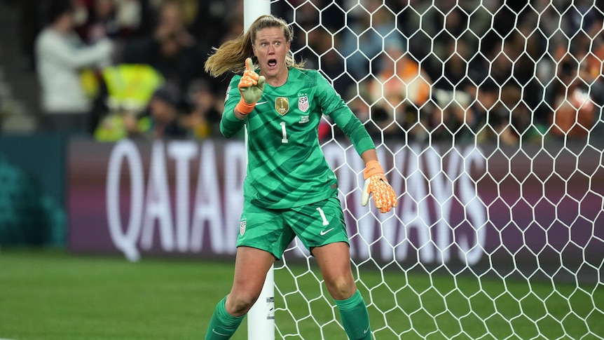USA goalkeeper Alyssa Naeher waggles her finger during a Women's World Cup penalty shootout against Sweden.