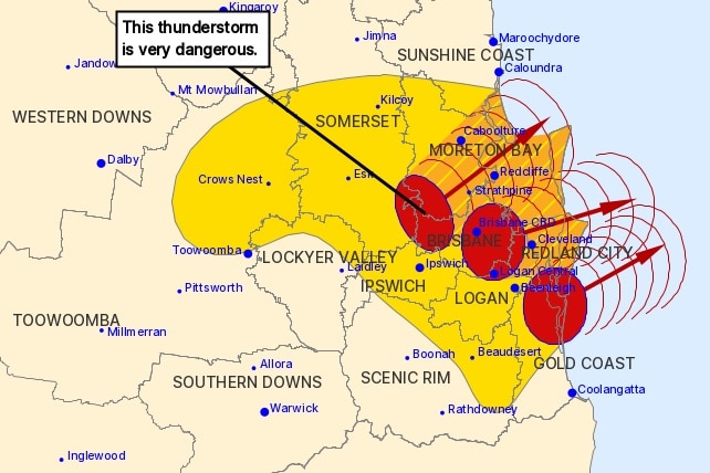 The "very dangerous" storm cell amid a system spanning north of Brisbane to the Gold Coast