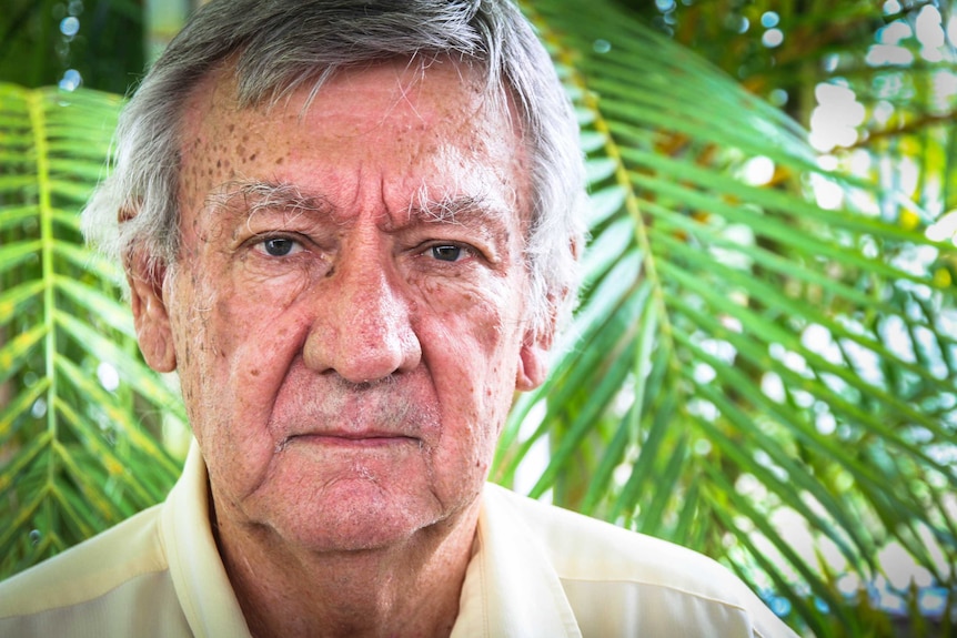 An older man with grey hair standing in front of some ferns, looking solemn.