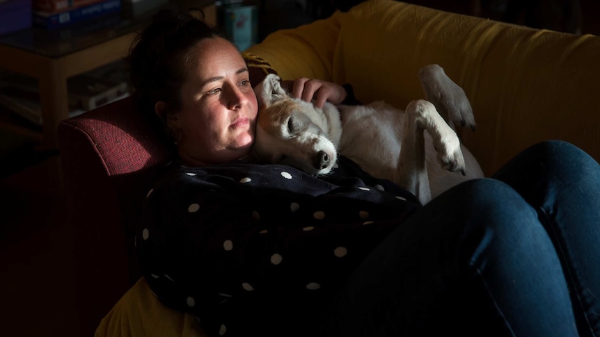 A young woman lies in a patch of sunlight on a couch, a sleeping dog beside her.