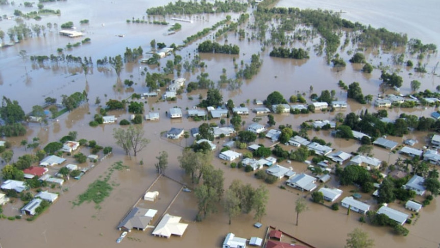 Aerial shot of the flooded southern Queensland town of Theodore