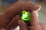 Close up of man holding uncut green gem the size of aa 50-cent piece