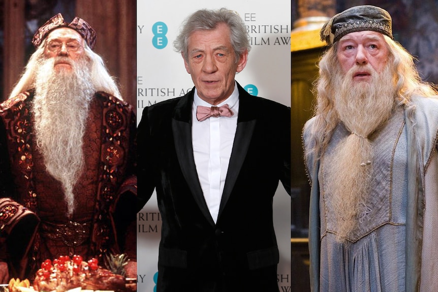 A composite image of Sir Richard Harris as Dumbledore, Sir Ian McKellen as himself and Sir Michael Gambon as Dumbledore.
