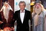 A composite image of Sir Richard Harris as Dumbledore, Sir Ian McKellen as himself and Sir Michael Gambon as Dumbledore.