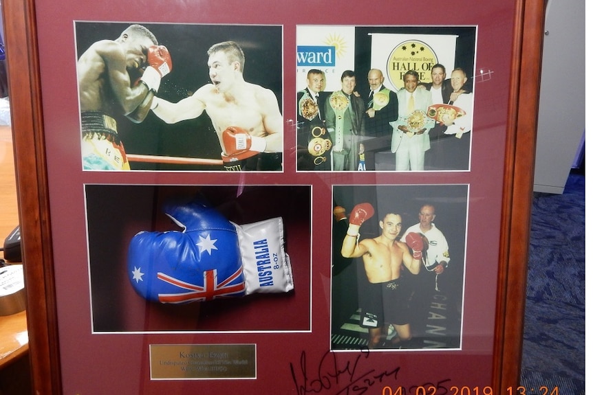 Framed photographs and boxing gloves of Australian former professional boxer Kostya Tszyu