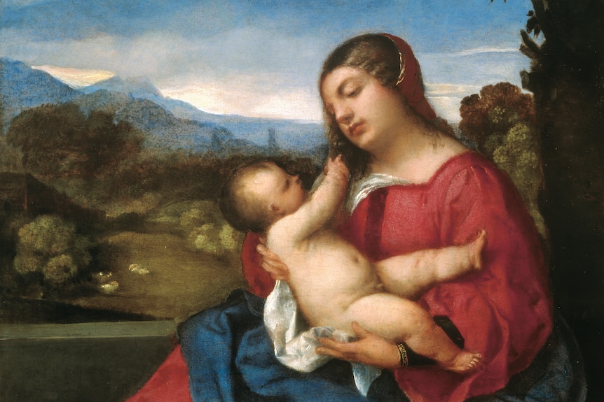 Madonna and Child in a landscape  (c.1507) by Titian. Oil on wood panel.