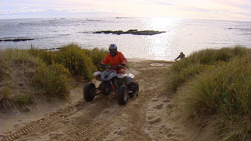 Quad bike rider on dunes, Tarkine Wilderness area, Tasmania