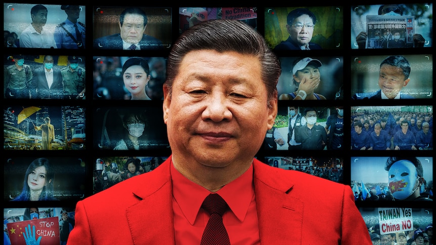 A close up of Xi Jinping in front of a screen of televisions with various faces and events from his rule. 