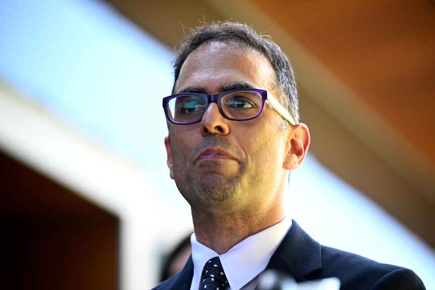 The NSW Treasurer Daniel Mookhey in a suit wearing glasses