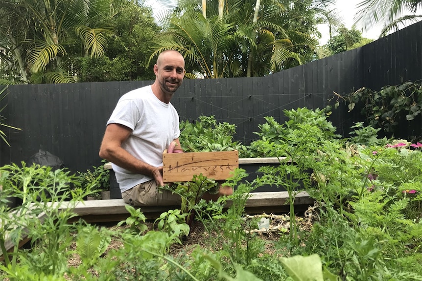 Restaurant and cafe owner Tristan Grier in a vegetable patch with a box of fresh produce.