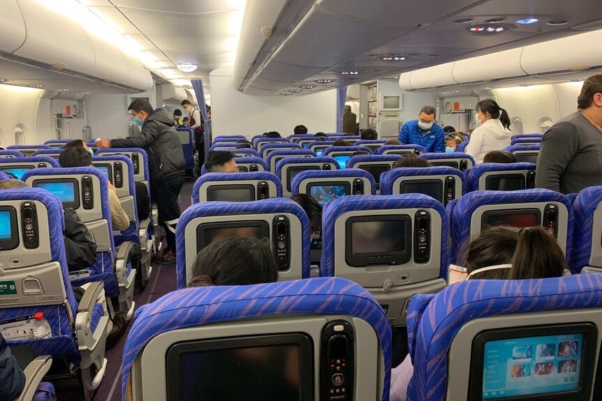 Passengers and crew wear masks inside an air cabin.