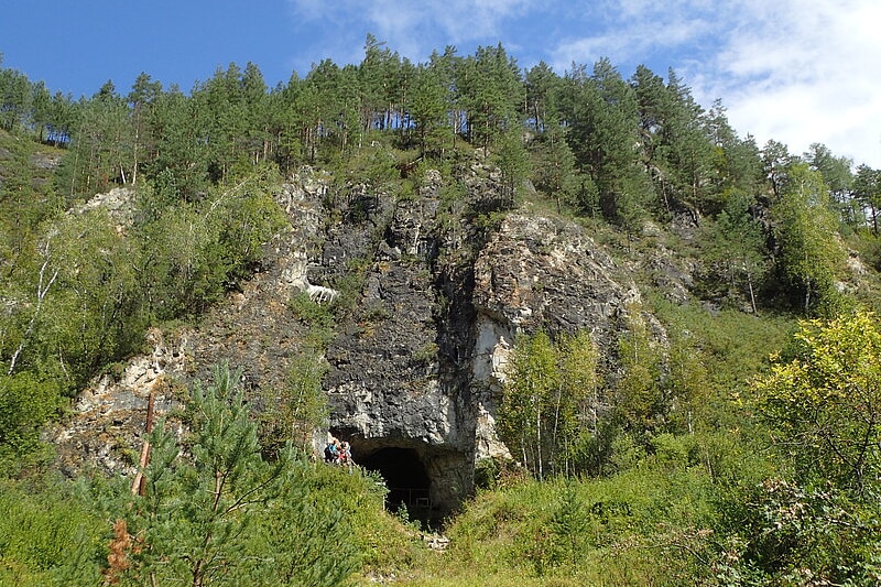 The entrance of a cave in the side of a rocky, tree-covered cliff