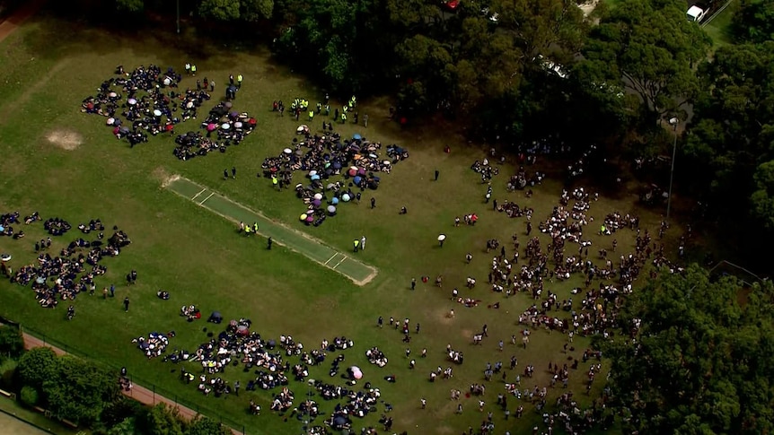 Hundreds of students were seen gathered on a playing field.